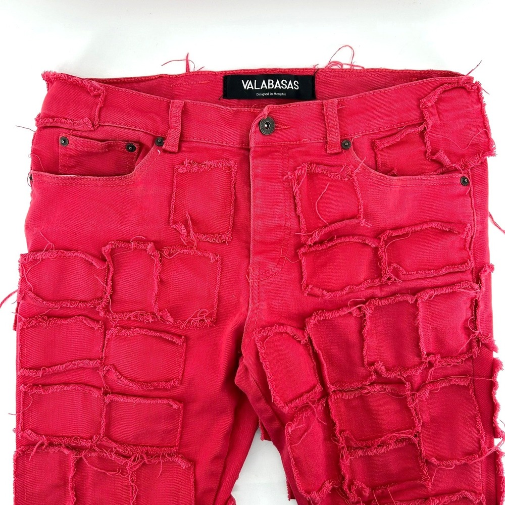 Valabasas Red Distressed Patchwork Stacked Jeans Mens Size 34 Streetwear Denim